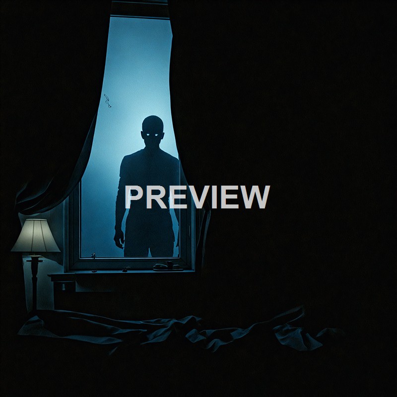 A silhouette of a person with glowing eyes standing outside a window at night, with a lamp and curtains inside the room, creating a mysterious and eerie atmosphere.